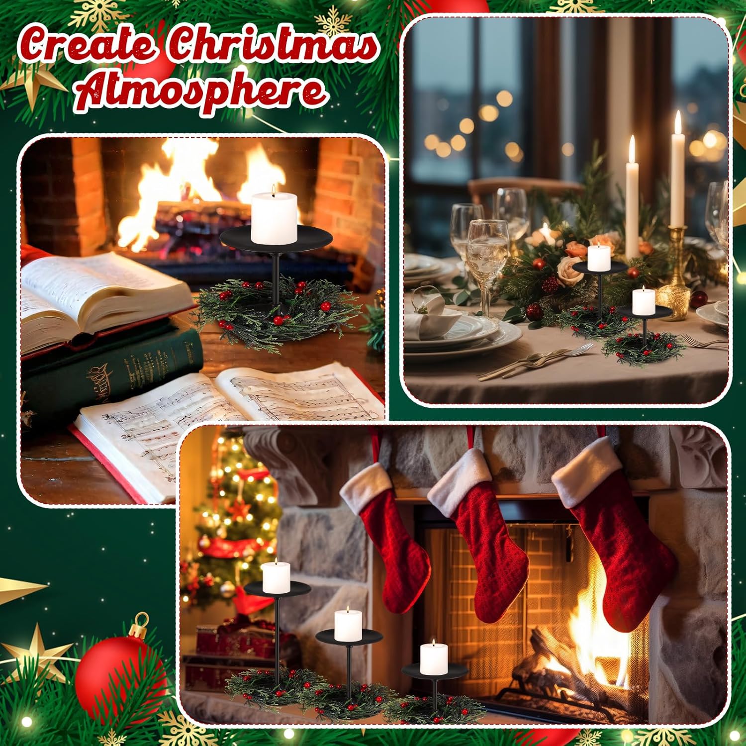 Baderke Christmas Candle Holders Set - 3 Sizes with Artificial Wreath & Red Berry Pine Garland
