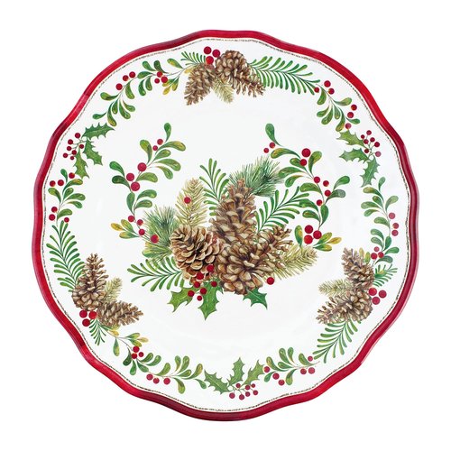 UPware 16 Piece Pinecones Melamine Dinnerware Sets, Outdoor Dishes Set, Plates and Bowls Sets, Christmas Decorations, Service for 4, Red