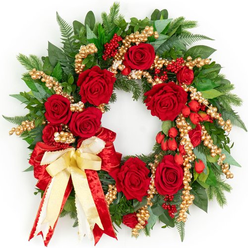 Pinkpuii Pre-lit Christmas Wreaths for Front Door 24 Inch- Outdoor Xmas Wreath with Lights, Lighted Valentine's Day Wreath with Red Roses,Golden Ball Ornament and Red Bow for Holiday Door Decorations