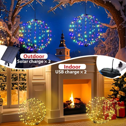 176 LED 13” Outdoor Christmas Light Balls, Solar Hanging Lighted Sphere Balls Lights, Prelit Fold Large Rechargeable Waterproof, Globe Light Ball for Outside Indoor Tree Eave Garden Decorations -2pack