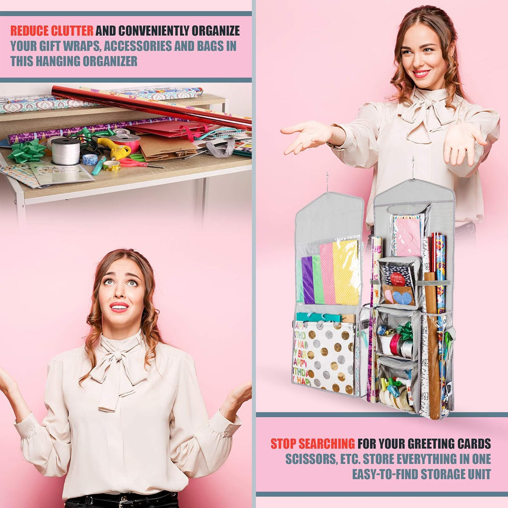 Skiennix Double-Sided Gift Bag & Wrap Organizer - Light Grey, Space-Saving Design