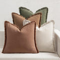 MIULEE Decorative Couch Pillow Covers Neutral Linen Fringe Throw Pillows Set of 4 Soft Rustic Cushions Boho Farmhouse Pillowcases for Bed Sofa Living Room Spring Decor 18x18 Inch Beige/Brown/Green