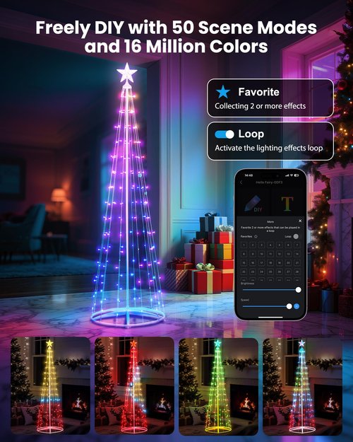 7.5Ft Smart LED Christmas Cone Tree Light, Lighted Artificial Tree with Star Topper, Music Sync with Remote APP Control, DIY RGB Light Show Tree for Xmas Indoor Outdoor Decorations (RGB)