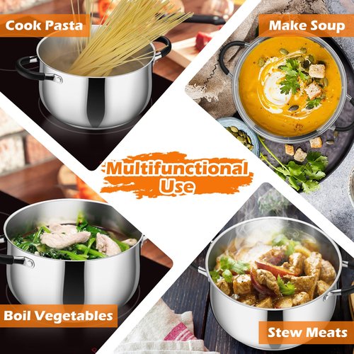 P&P CHEF Stainless Steel Stock Pot, 5 Qt Cooking Soup Pot with Visible Lid for Pasta, Tri-Ply Bottom & Dual Heatproof Handles, For Induction Gas All Stoves, Non-Toxic & Dishwasher Safe