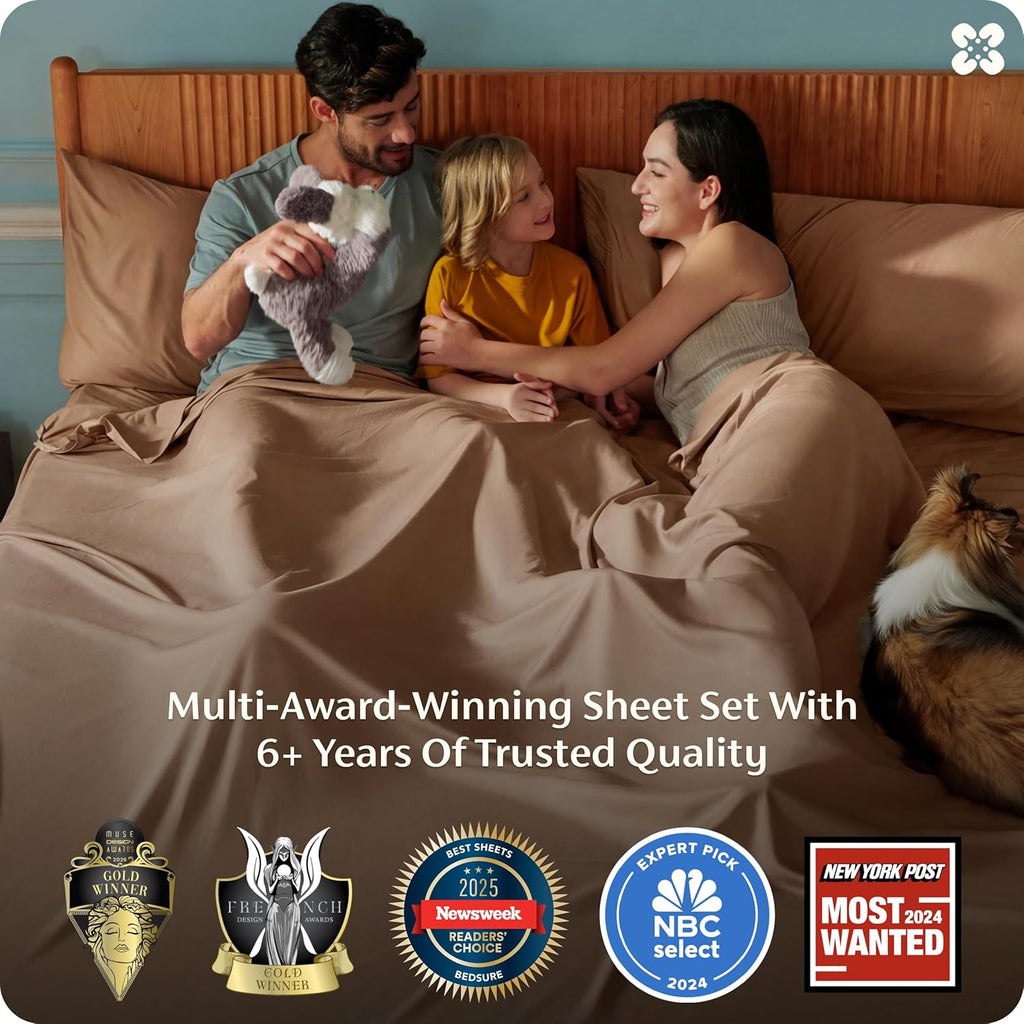Bedsure Queen Sheet Set - Cooling Bamboo Sheets | Breathable & Soft, Deep Pocket Up to 16 Inches, Khaki