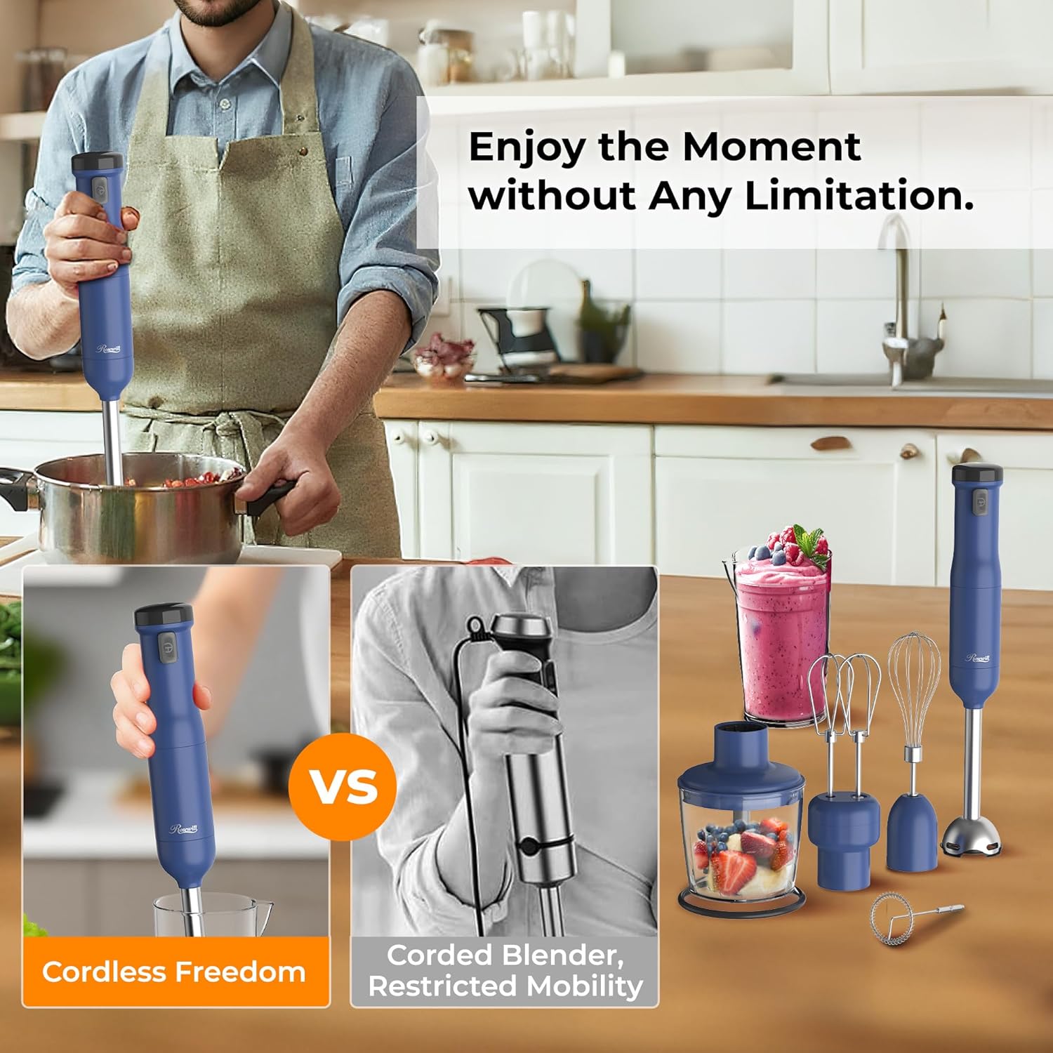 Rosewill 6-in-1 Cordless Immersion Hand Blender - Multi-Speed Heavy Duty Motor for Smoothies, Baby Food & Soup - Blue