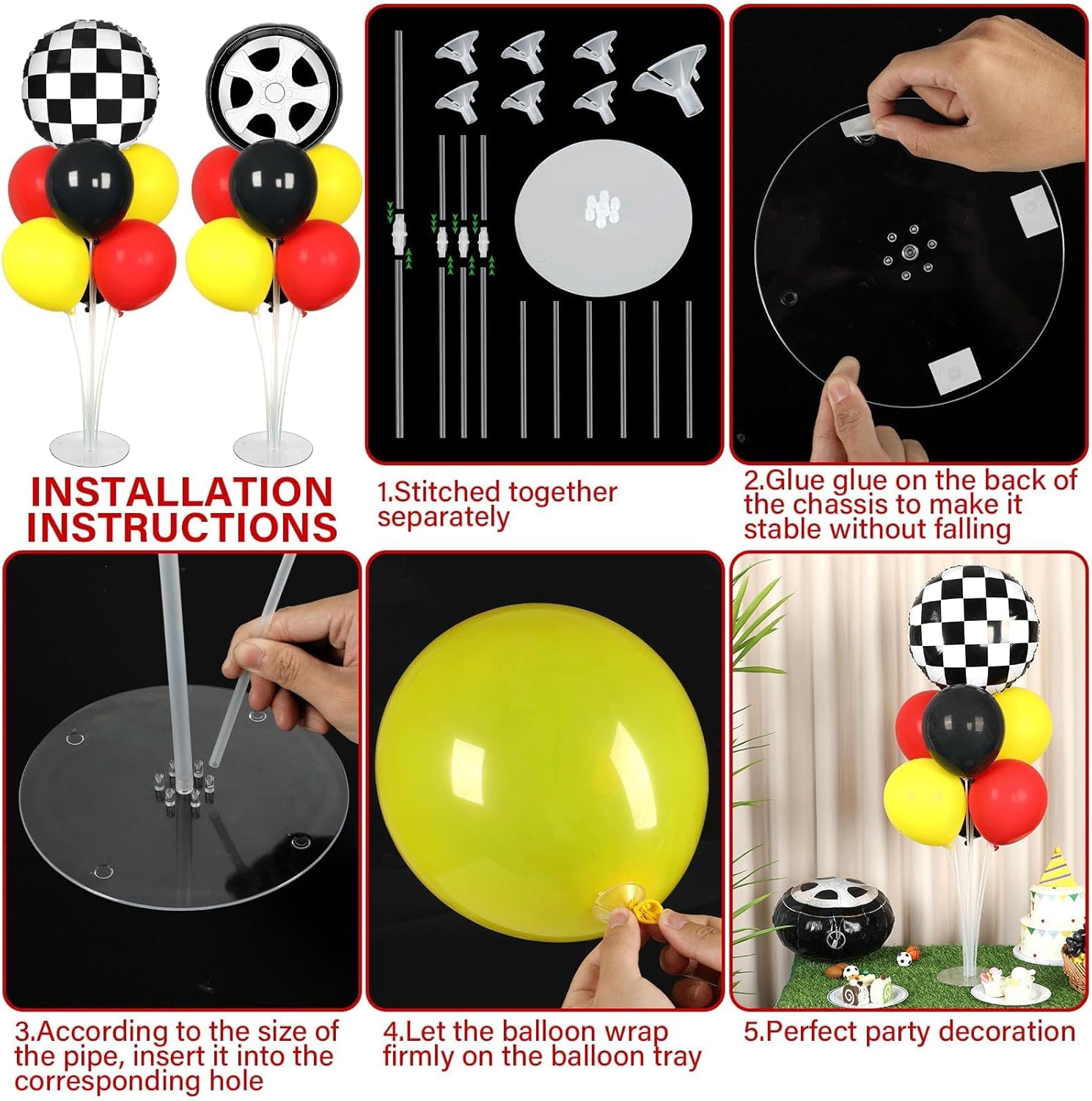 Skiennix Race Car Party Balloons Kit - 2 Sets with Checkered Foil Balloons | Red, Black, Yellow Decor for Boys' Birthday Parties