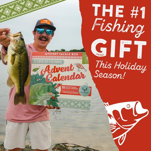 Mystery Tackle Box 12 Days of Fishmas Advent Calendar – Bass Fishing Lure Gift Set with 35 baits & lures including 10 Premium Baits, Holiday Decal & Meateater Trivia Pack