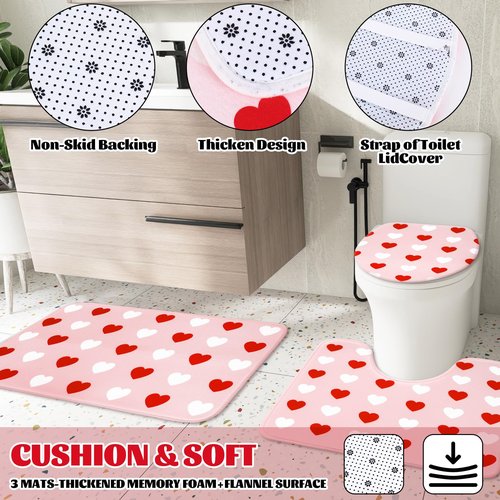 JarThenaAMCS 4Pcs Valentine's Day Bathroom Set Pink Red White Heart Non-Slip Bath Mat U-Shaped Toilet Rug Toilet Lid Cover Shower Curtain with Hooks for Home Hotel Accessories Decoration