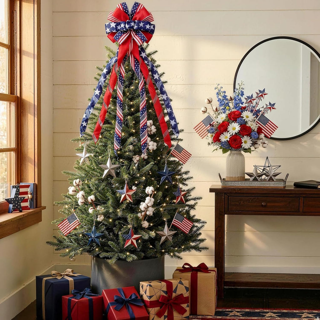 Patriotic 4th of July Tree Topper Bow by [Brand Name] - Large 52x13 Inch Pre-Tied Ribbon for Wreaths & Decor | Red, Blue, White