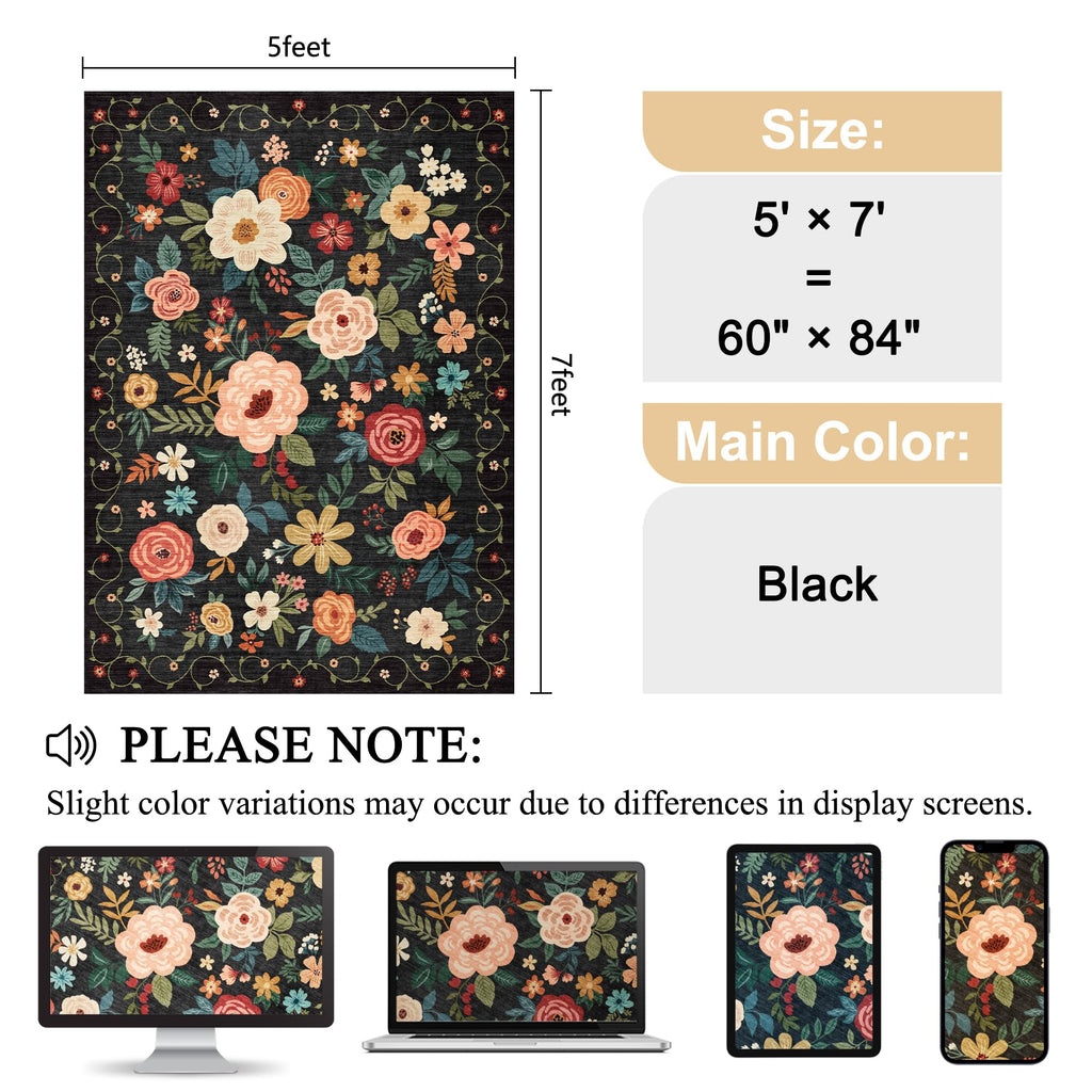 DUKINO 5x7 Area Rug, Floral Design, Lightweight Non Slip Washable, Indoor Low Pile & Non-Shedding Boho Rug for Bedroom, Living Room, Dining Room, Black