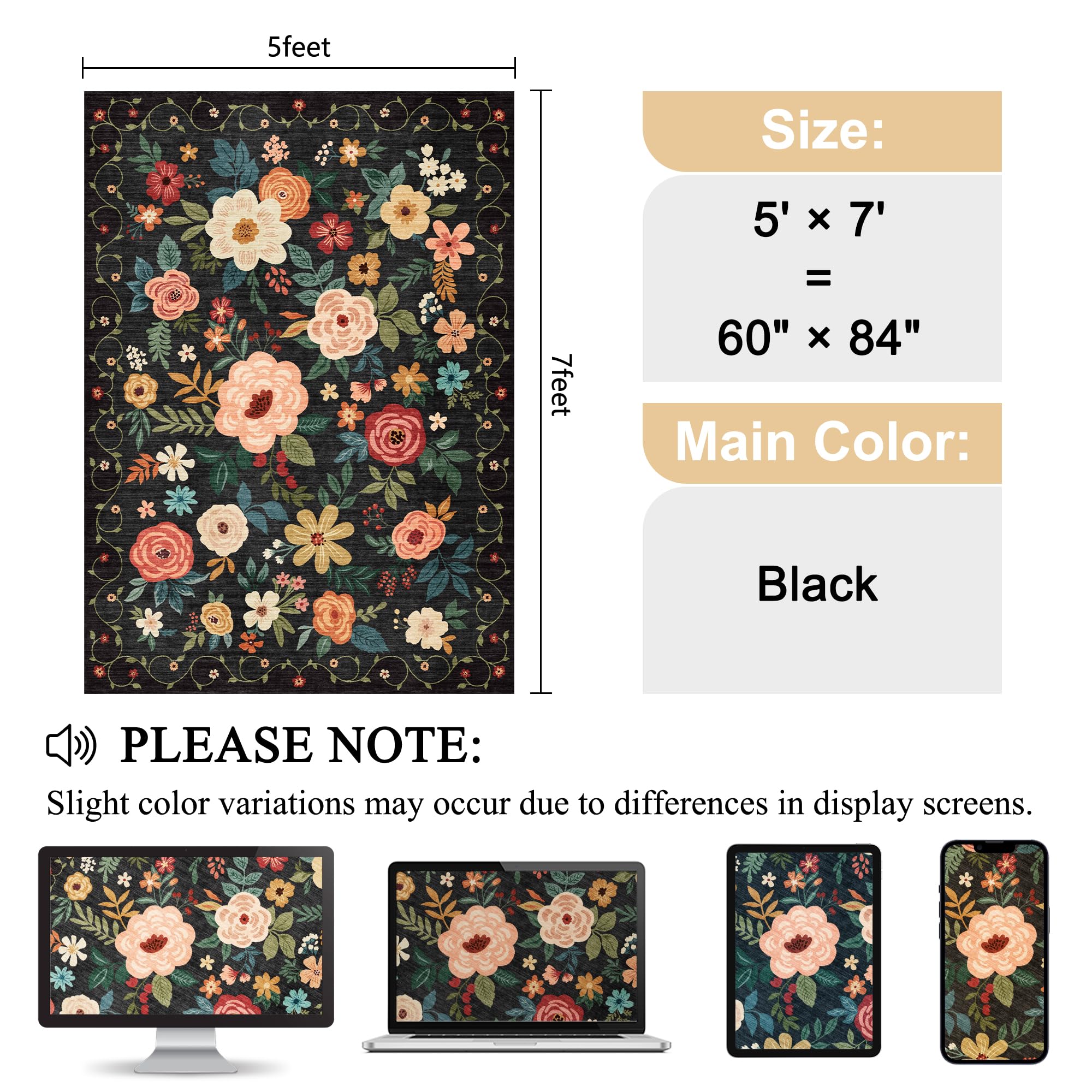 DUKINO 5x7 Area Rug, Floral Design, Lightweight Non Slip Washable, Indoor Low Pile & Non-Shedding Boho Rug for Bedroom, Living Room, Dining Room, Black