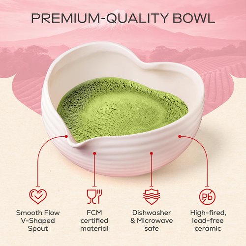 Rehny’s Matcha Whisk Set|Complete Pink Matcha Set w/Heart-Shaped Bowl, Bamboo Whisk, Holder, Stainless Steel Sifter, Bamboo Scoop|Cute Gift Present Macha Kit Handmade Bowl |Macha Powder Tea Kit