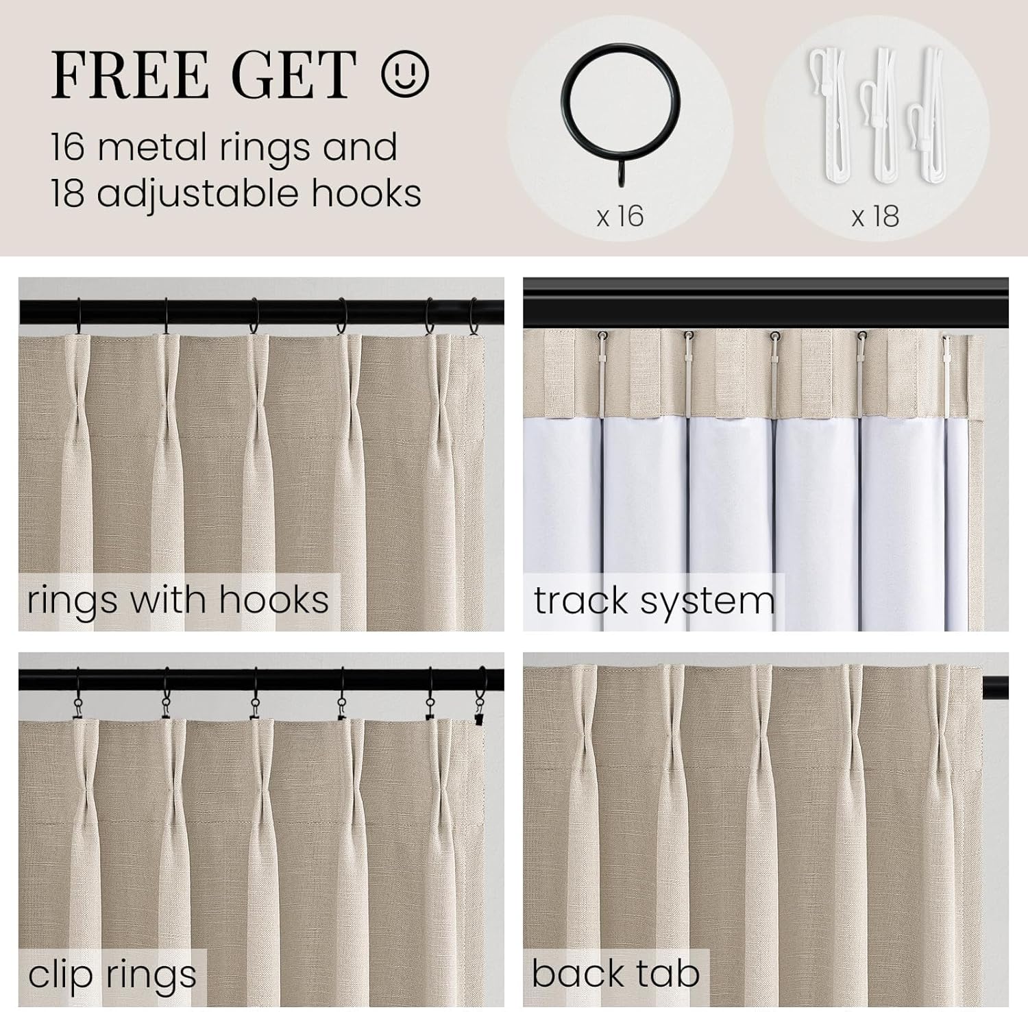 Topfinel Oatmeal Blackout Curtains - Energy-Efficient Pinch Pleated Drapes | 84" Long, Flax Linen, 2 Panels Set