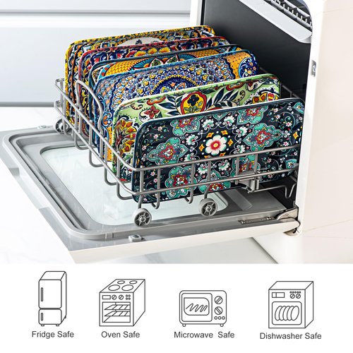 HENXFEN LEAD Boho Ceramic Dinner Plates 10 Inch – Large Rectangular Serving Plates Set of 6 for Salad, Sushi & Main Dishes, Microwave & Dishwasher Safe