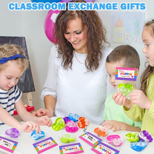 Wondrus Holiday Gifts Exchange Cards for Classroom Kids 28 Pcs, Heart Pop Fidget Toys with Keychains for Preschool Toddlers,Non Candy Party Favors Goodie Bag Stuffers for Kindergarten Boys Girls