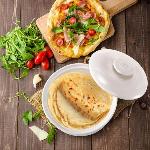 SOUJOY Ceramic Tortilla Warmer, 8.5 Inch Embossed Taco Holder with Lid, Microwave and Oven Safe Tortilla Storage Container for Mexican Party Tuesday Night, Hold up to 12 Tortillas, White