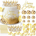 AMZVALU Crown Cake Topper, Corona Para Pastel, Gold Crown Happy Birthday Cake Topper Candles Balls 3D Butterflies, Diy Cake Decorations for Women Princess Queen (Gold, White)