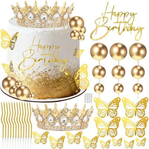 AMZVALU Crown Cake Topper, Corona Para Pastel, Gold Crown Happy Birthday Cake Topper Candles Balls 3D Butterflies, Diy Cake Decorations for Women Princess Queen (Gold, White)
