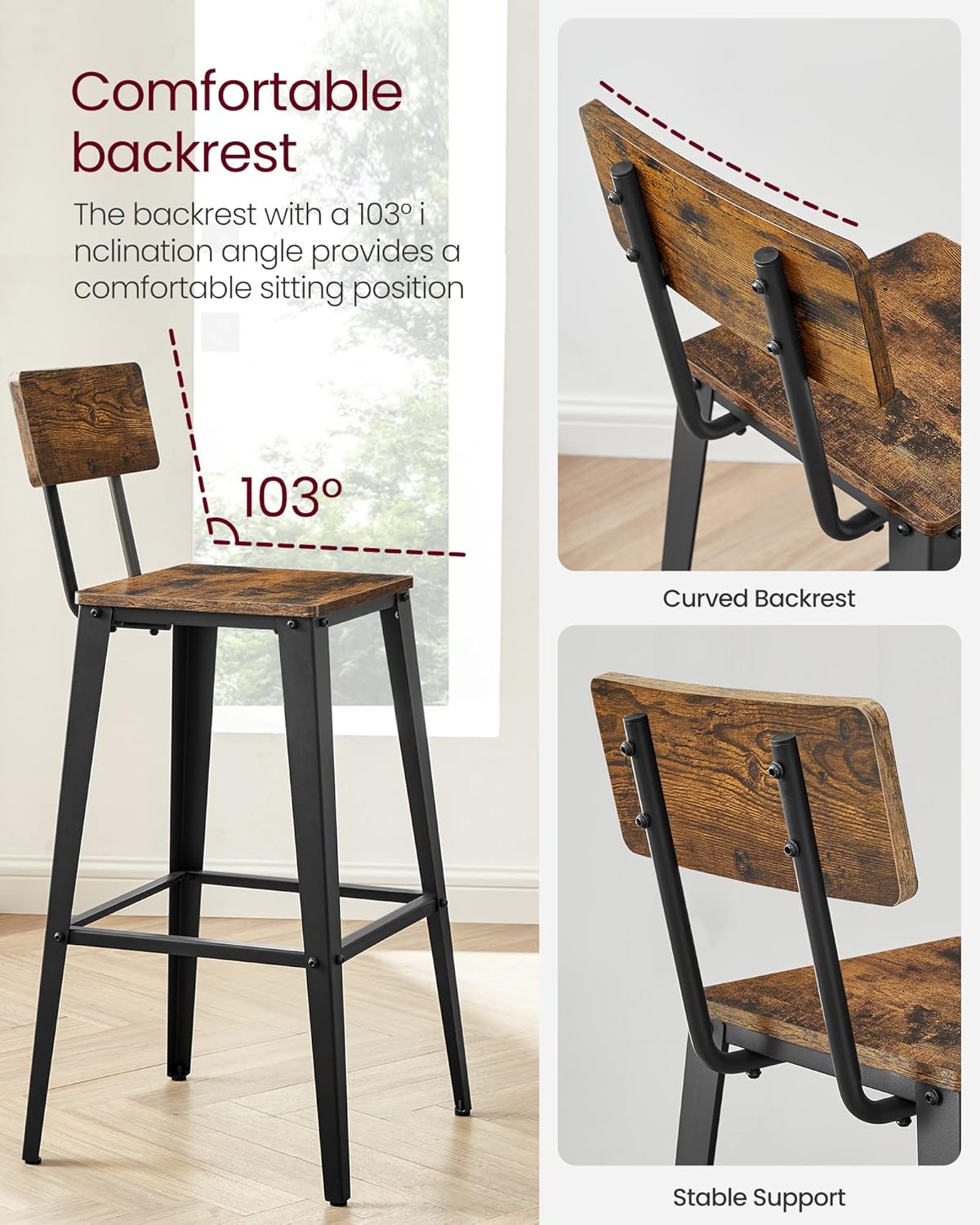 VASAGLE Bar Stools Set of 2 - 29.1-Inch Tall Industrial Style Chairs with Back | Rustic Brown & Ink Black