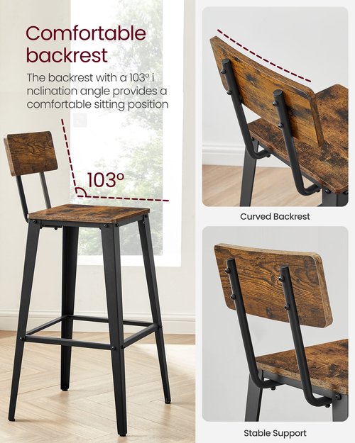 VASAGLE Set of 2 Bar Stools, Bar Height Stools, 29.1 Inches Tall Barstools with Back, Counter Bar Chairs for Kitchen Island, Steel Frame, Industrial Style, Easy Assembly, Rustic Brown and Ink Black