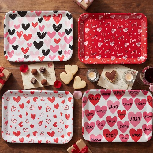 Ferrochef 4 Pcs Valentine's Day Serving Tray 13 x 10 Inch Heart Reusable Serving Platter Melamine Dessert Plate Dish for Valentine's Day Party Decorations Supplies