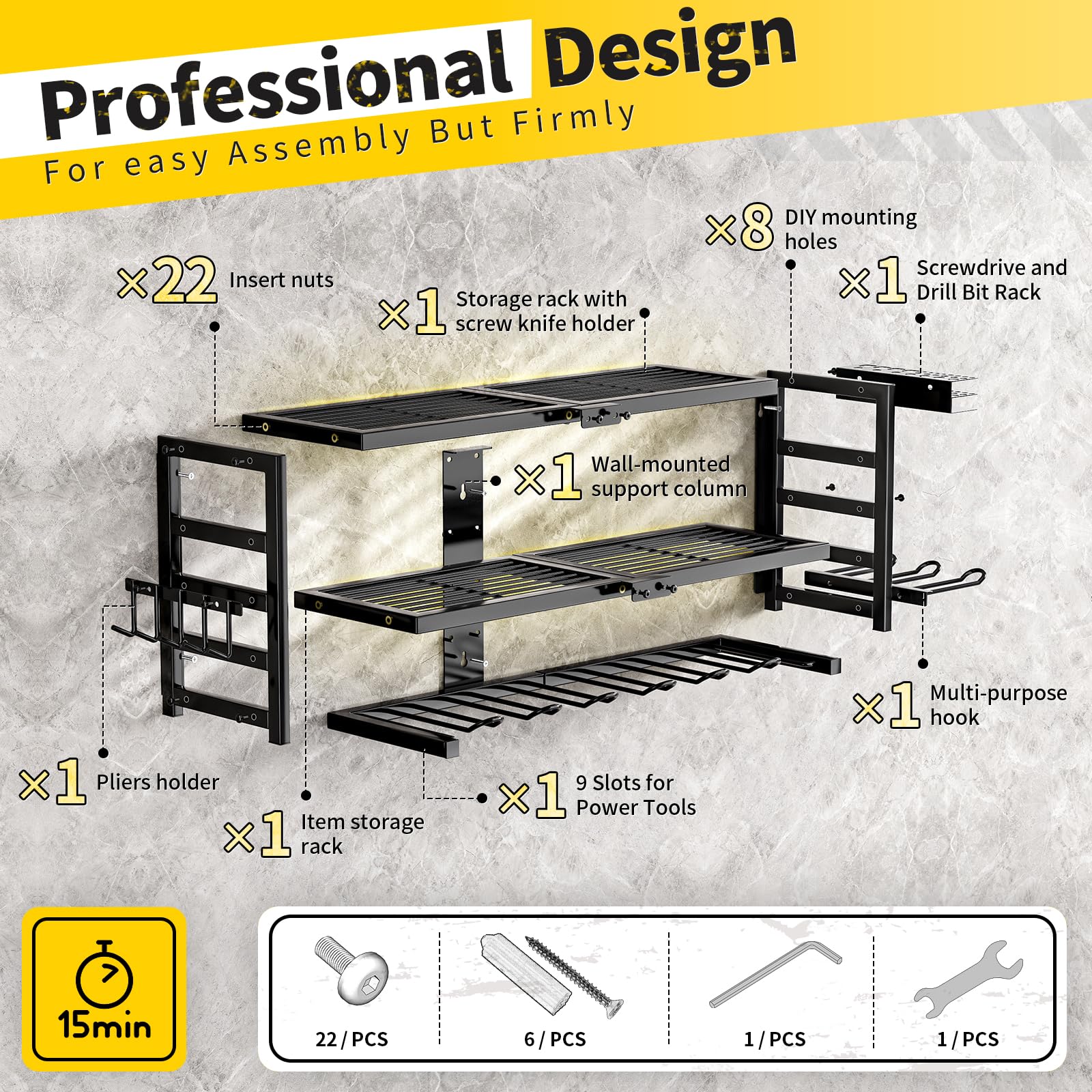 SEENWUUN Power Tool Organizer Wall Mount Heavy Duty 320 lbs, 3 Layers Storage Rack with 9 Drill Holders & Battery Storage, cordless tool organizer for Garage, Workshop & Tool Room