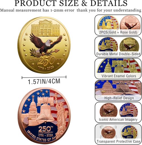 250th Anniversary Commemorative Coins - American Flag & Liberty Bell Collectible Souvenir | Durable Gold Plated, 1.57 In