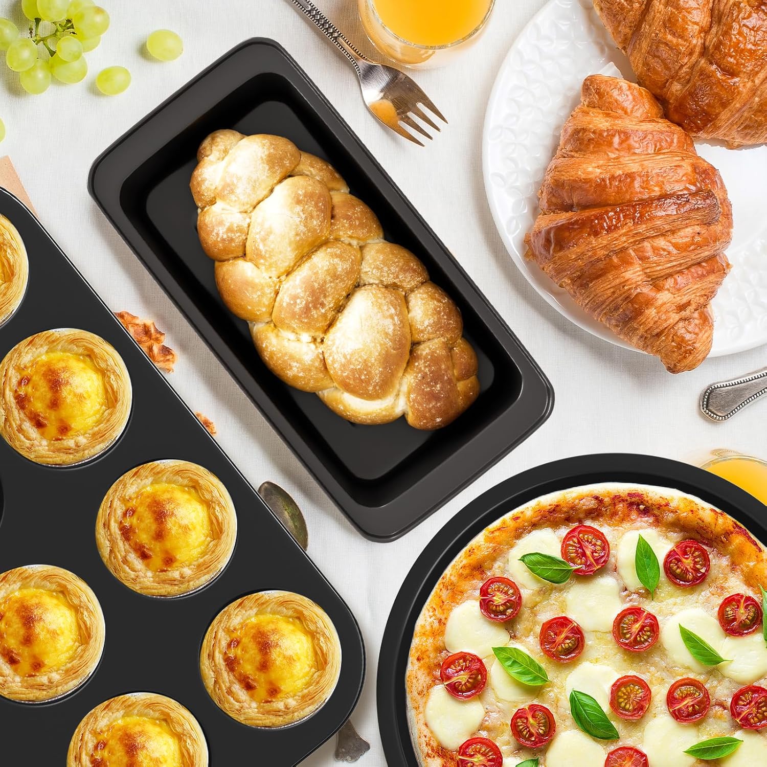 CasaCulina Nonstick Baking Pans Set - 5-Piece Bakeware Collection with Round, Square & Muffin Pans | Black