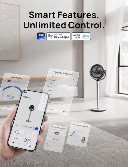 Dreo Smart Fan - 110ft Pedestal Fan with Quiet DC Motor, 150° Oscillation, 9 Speeds, 43" Height