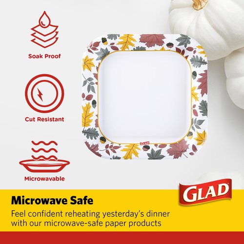 Glad Square Disposable Paper Plates, Falling Foliage Pattern - Strong, Sturdy, Soak Proof, and Microwavable Decorative Plates for Dinner and Everyday Use, 10 Inch, 50 Count