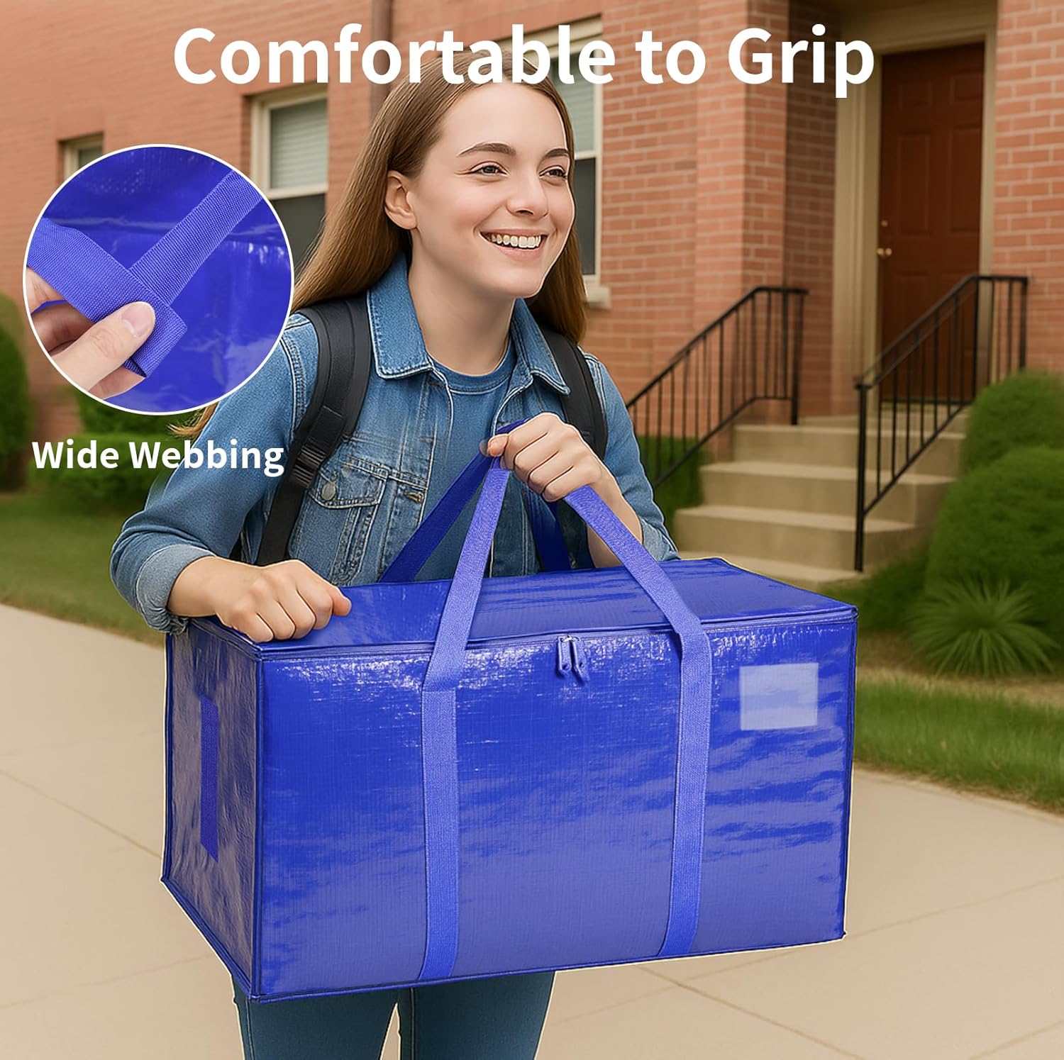 Skiennix Extra Large Heavy Duty Moving Bags - Waterproof Storage Totes with Handles & Zippers | Foldable for College Dorm (Blue)
