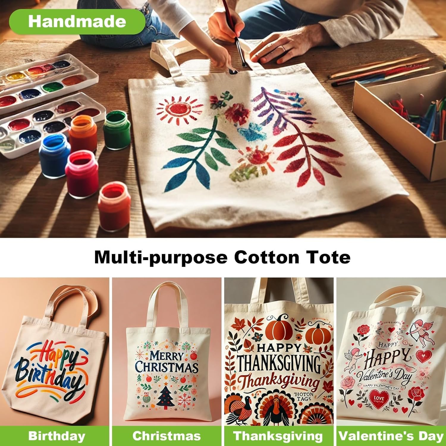 Skiennix Canvas Tote Bag - 4 Pack Reusable Cotton Grocery Bags with Handles for Crafts & Gifts