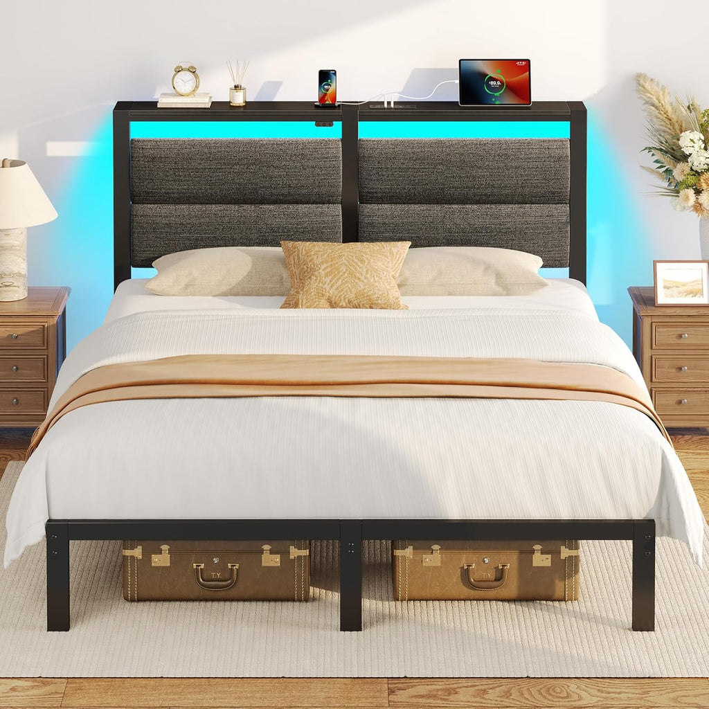 Rolanstar Full Size Bed Frame - Upholstered Storage Headboard with Charging Station & LED Lights | Grey