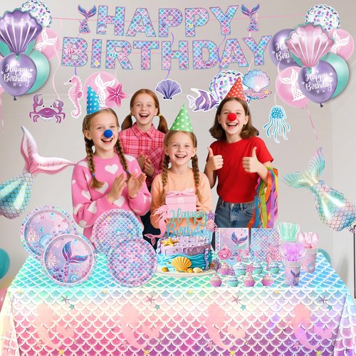 NKPDAXM 4 Pack Mermaid Tablecloth Mermaids Laser Table Cover for Girls Mermaid Birthday Party Decorations, 108x54 Inch