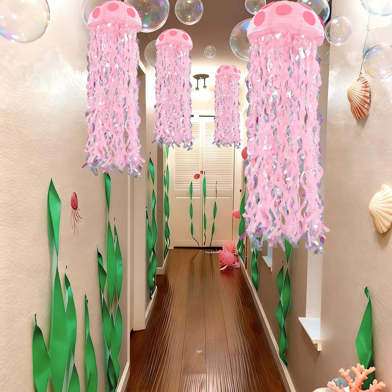 VioraWhite 37 Pcs Cartoon Sponge Mermaid Birthday Party Decorations 6 Pcs 9.8'' Hanging Jellyfish Paper Lanterns with Bubble Garlands Flower Crepe Paper for Mermaid Ocean Under The Sea Birthday Decor