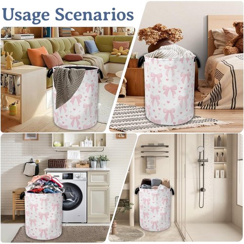 Cute Pink Bow Laundry Basket,Foldable Oxford Cloth Heart Laundry Hamper with Handles, 20.8"x16" Tote Bag Clothes Storage Bucket for Laundry Room/Bathroom/Bedroom/Dormitories
