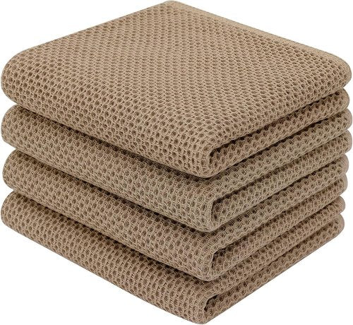 Homaxy 100% Cotton Waffle Weave Dish Towels - Ultra Soft & Absorbent | Quick Drying, 13 x 28 Inches, Tan, 4-Pack