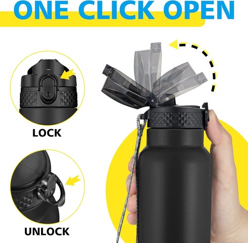 Han's Bottle Sports Water Bottle - 24 Oz Vacuum Insulated, Leak Proof, Straw Lid - Black Thermo Mug