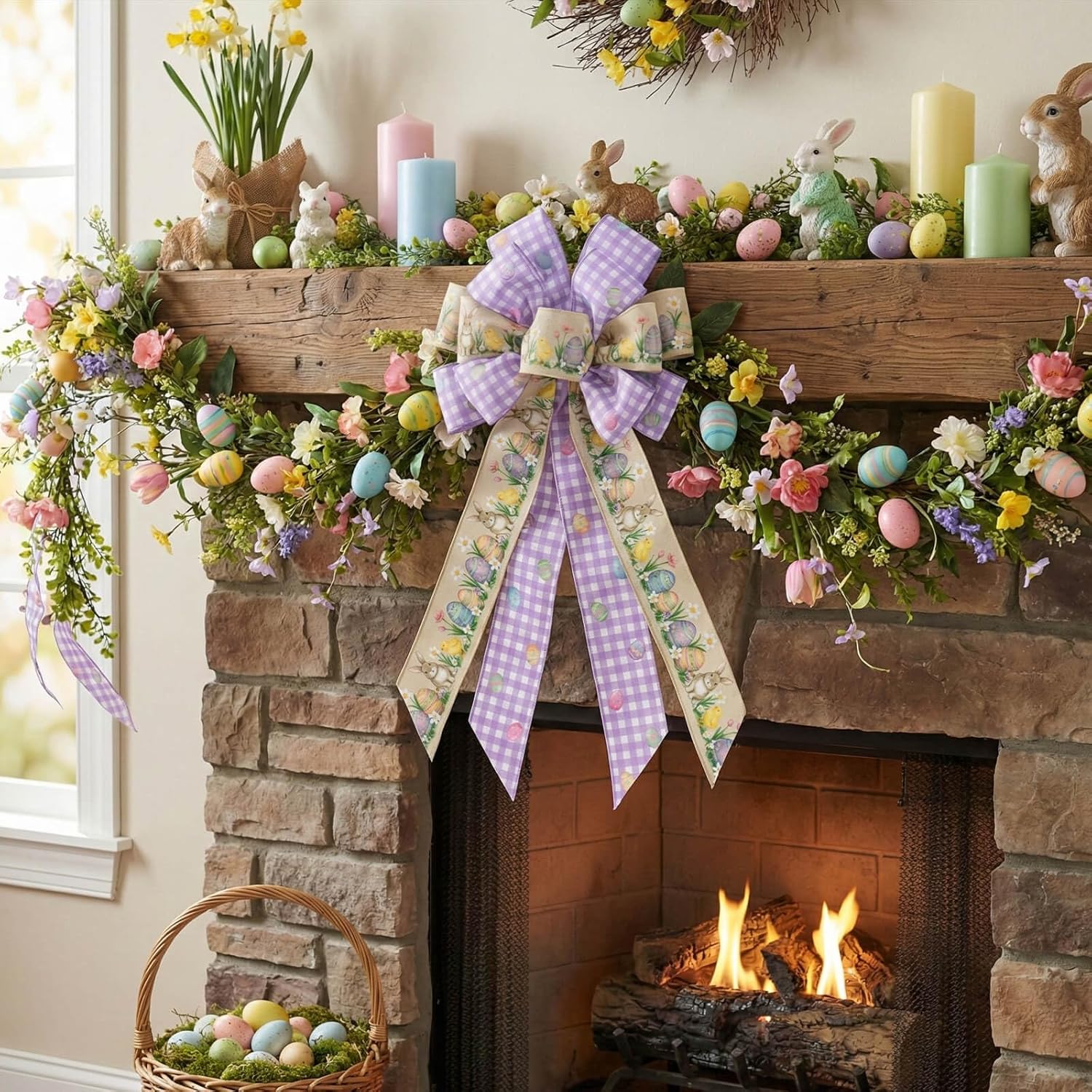 Purple Gingham Easter Bunny Wreath Bow - 21 Inch Wired Ribbon for Front Door & Spring Decor