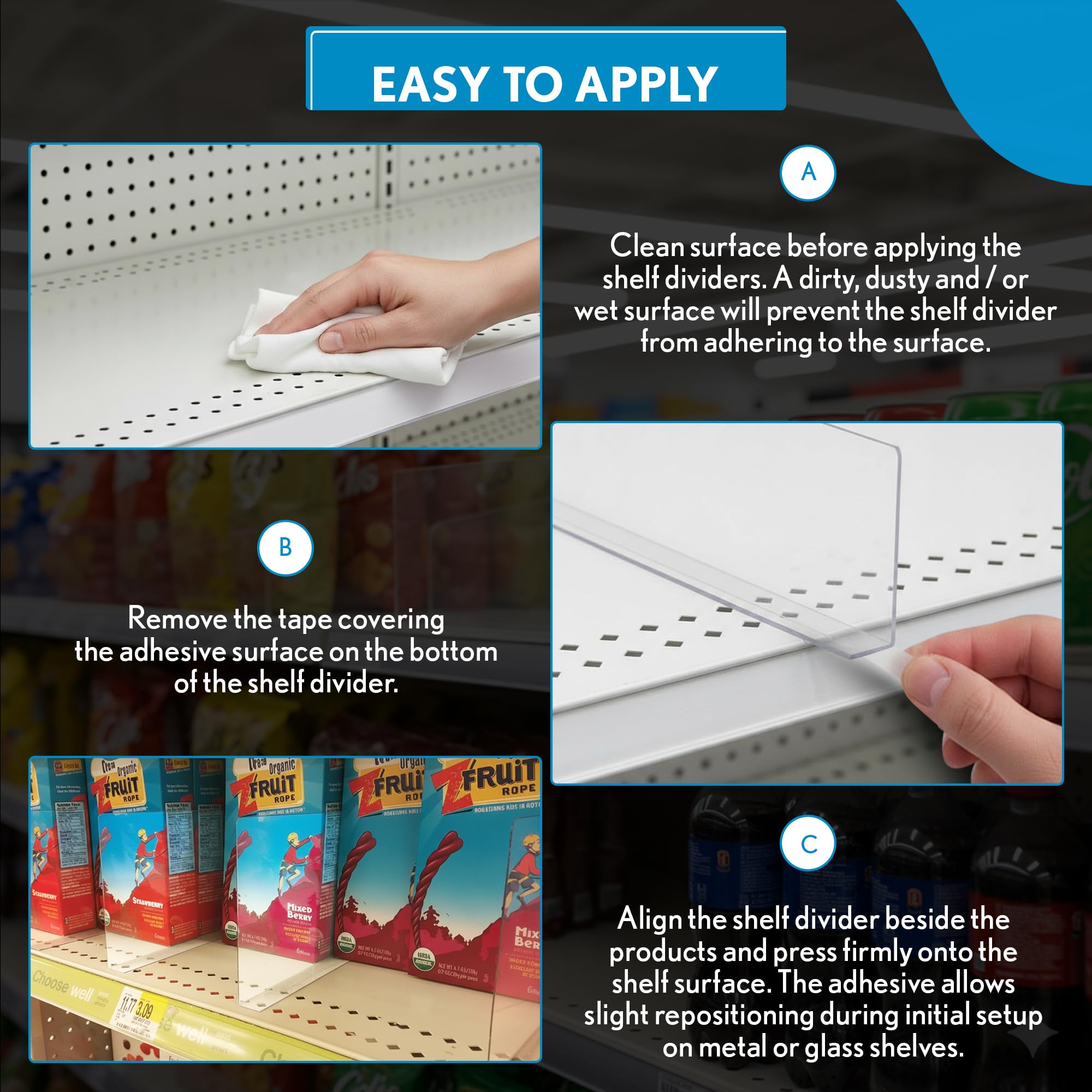 Shelf Dividers, 50 Pack, 3" x 17-9/16", Retail Shelf Organization, Product Separators, Clip Strip