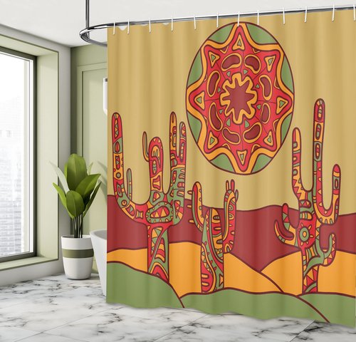 Ambesonne Cactus Shower Curtain, Print Cartoon Like Cactus Design with Oriental Effects Art Image Print, Cloth Fabric Bathroom Decor Set with Hooks, 69" W x 70" L, Burgundy Earth Yellow
