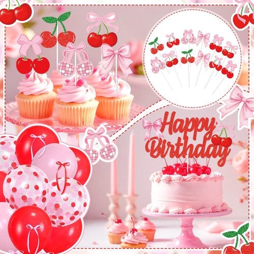 K KUMEED Cherry Birthday Decorations,Happy Birthday Cherry Banner,Summer Fruit Cherry Party Supplies Cake Topper Latex Balloons for Women Girl Birthday Party Favors