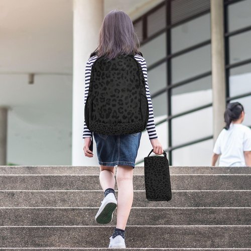 SUABO Backpack Lunch Bag Set for Boys Girls, Black Leopard Middle-School Elementary Bookbags, 2Pcs School Bag with Lunch Bag