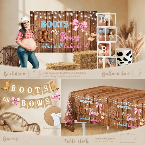 Boots or Bows Gender Reveal Decorations, 206pcs Boy or Girl What Will Baby Be Gender Reveal Party Supplies，Western Themed Cowboy or Cowgirl He or She Baby Shower Decoration
