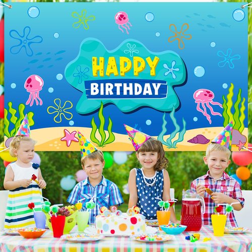 Under The Sea Happy Birthday Banner Backdrop Decoration, Ocean Photo Banner Background Ocean Jellyfish Seaweed Wall Décor for Birthday Baby Shower Party Photography Decorations, 73 x 43 Inch