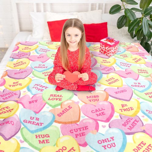 JarThenaAMCS Valentine's Day Fuzzy Blanket Conversation Candy Heart Throw Blanket Colorful Cozy Flannel Blanket for Home Bed Sofa Couch Chair, 50 x 60 Inch