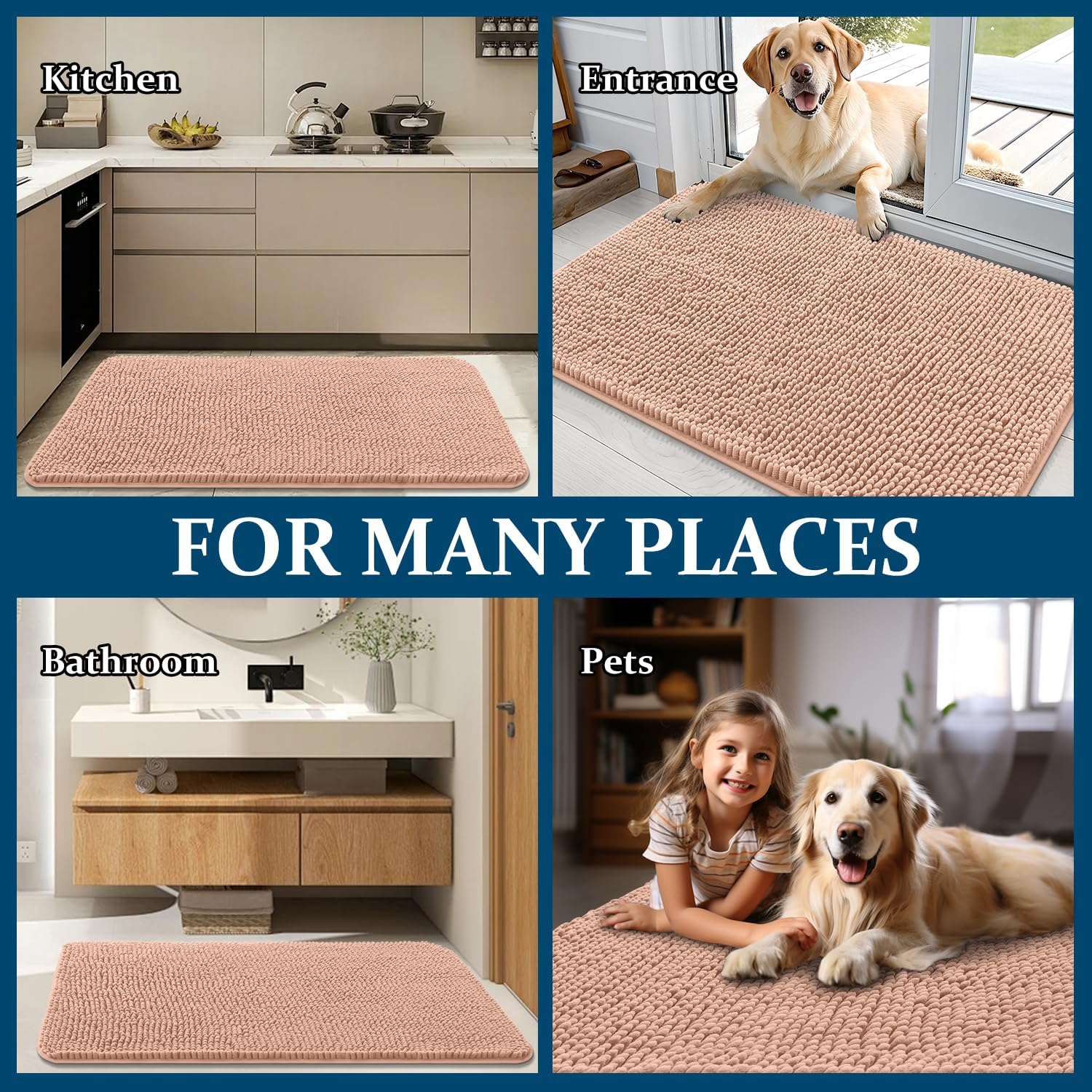 OLANLY Dog Door Mat - Absorbent Non-Slip Washable Doormat for Muddy Paws | Quick Dry Chenille, 45x27, Peach