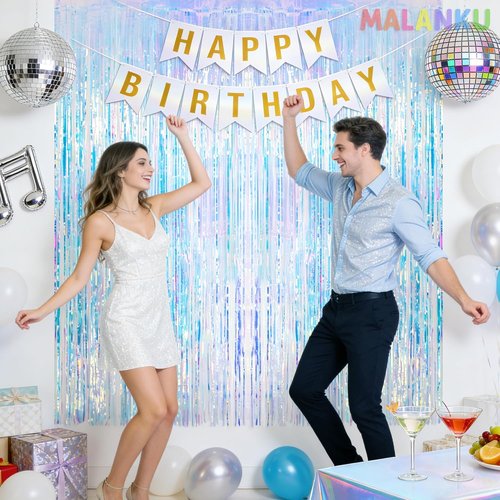 MALANKU Iridescent Streamers - Fringe Tinsel Backdrop Curtain for Mermaid Birthday Parties | 2 Packs, 3.3ft x 6.5ft