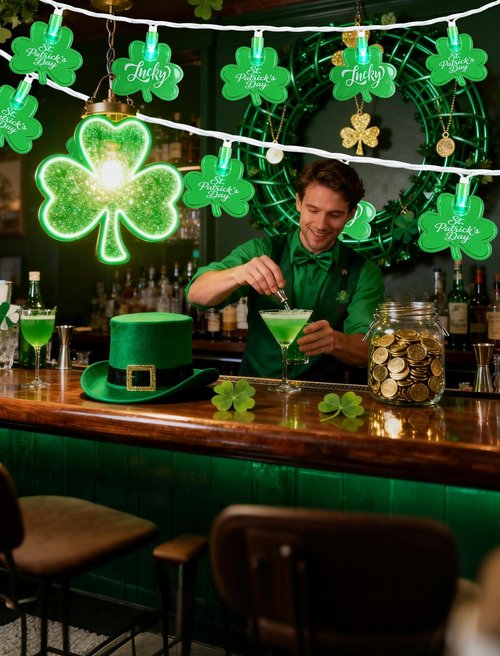 Adirxon 12FT St Patricks Day String Lights - 20 LED Shamrock Lights with St. Patrick's Day & Lucky Printed Text, Connectable Green Clover Decor for Pub Party Home Outdoor Indoor (White Wire)